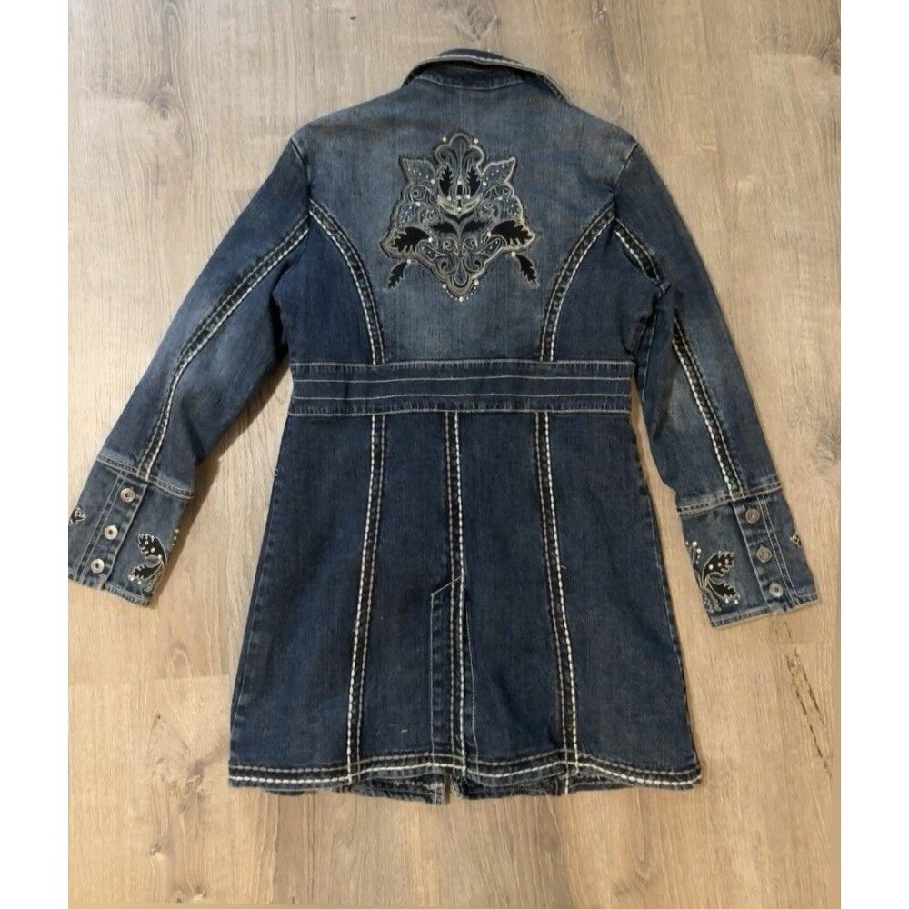 Zenim Denim Duster‎ / Coat Women's MEDIUM Embroidered Embellished Y2k